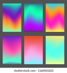 Set of bright mesh wavy dynamic gradiented ui backgrounds. Trendy vibrant sunrise, shiny polar lights gradients for smartphone screen wallpaper, mobile apps, web design