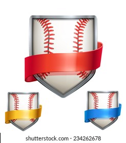 Set of Bright metal shield in the baseball ball inside with ribbons. Editable Vector Illustration isolated on white background.