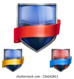 Set of Bright metal shield in the boxing helmet  inside with ribbons. Editable Vector Illustration isolated on white background.