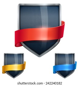 Set of Bright metal shield in the fencing helmet inside and with ribbons. Editable Vector Illustration isolated on white background.