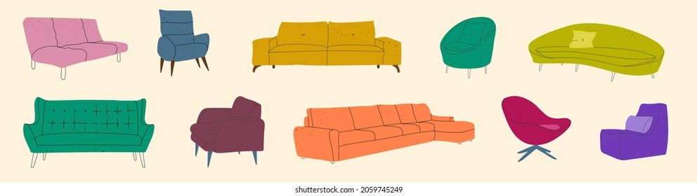 Set of bright modern colorful comfortable upholstered armchairs and Couches. Upholstered furniture for rest and relaxation. Interior decoration, interior design. Vector Isolated illustration.