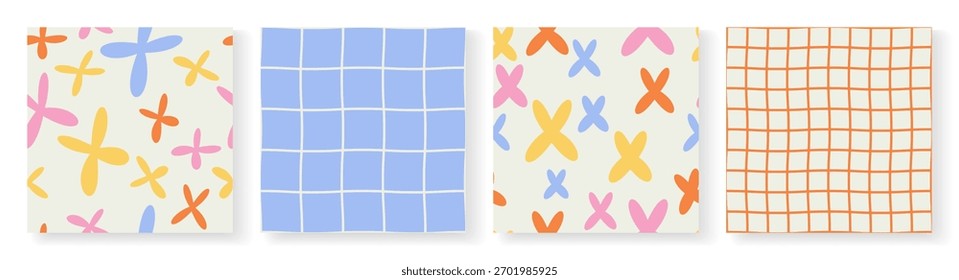 Conjunto de padrões contínuos complementares modernos brilhantes com elementos gráficos florais e impressão quadriculada. Você pode usá-lo como um fundo, papel de parede, papel de presente, para tecidos, etc.