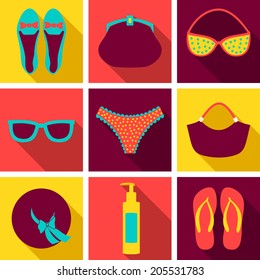 Set of bright modern flat icons, accessories for women