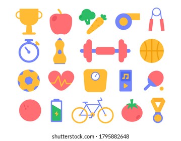 A set of bright and modern healthy lifestyle icons. Sports food, cardio, awards, sports equipment and entertainment. Can be used to showcase fitness, yoga and sports. Motivation to do sports. EPS 10.