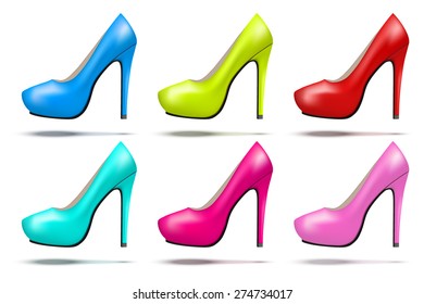 Set of bright modern high heels pump woman shoes. Vector Illustration isolated on white background.
