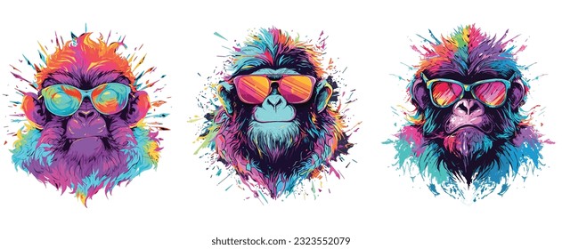 Set Bright monkey and sunglasses Graffiti style  printable design for t  shirts  mugs 