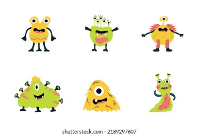A set of bright monsters. Cute cartoon aliens. Idea for children's textiles. Vector illustration of monsters in flat style.
