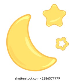 Set of bright moons and stars in cartoon style, elements of children's decor, greeting cards, wallpaper, fabric, textile, wrapping paper