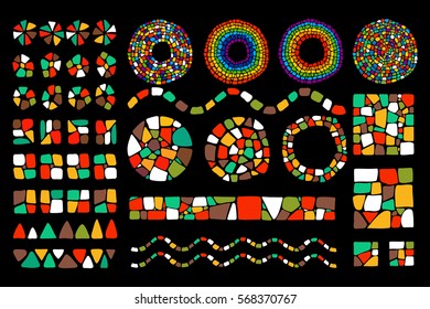 Set of bright Mosaic design elements on black background. Vector isolated circle, square, triangle, border, numbers for decoration. Ceramic tile texture. Easy to recolor. 