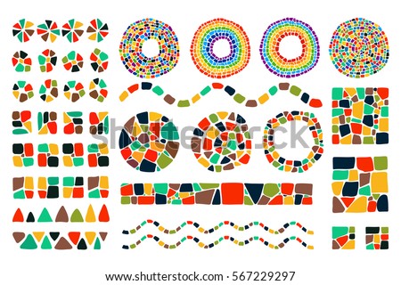 Set of bright Mosaic design elements on white background. Vector isolated circle, square, triangle, border, numbers for decoration. Ceramic tile texture. Easy to recolor. 