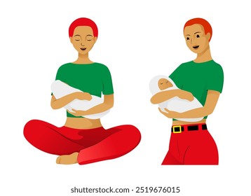 Set of bright mother holding newborn baby