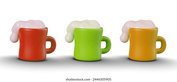 Set of bright mugs with foamy drink. 3D elements of different colors for creative web design