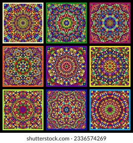 Set of bright multicolor cards with kaleidoscope circular patterns