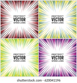 Set of bright multicolor festive speed line. Effect power explosion illustration. Design element. Vector
