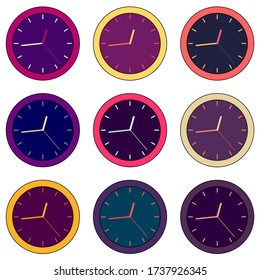 Conjunto de relojes de pared simples de color violeta brillante multicolor. Patrón inmaculado de estilo plano. Ilustración del vector