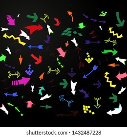 Set of bright multicolored arrows, seamless background. Flat design.