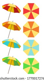 Set of bright multi-colored beach umbrellas for relaxing on the beach and protecting from the sun. Stock vector illustration