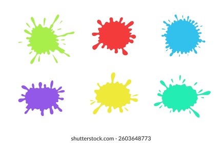 A set of bright multicolored blots, the shape of paint spots with splashes, drops, isolated on a white background. Colored abstract splash of liquid. Graphic vector illustration for design, decoration