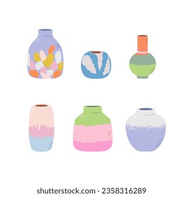 Set of bright multi-colored ceramic vases of various shapes and sizes, covered with colored glaze. Cute vector illustration in flat style on white isolated background.
