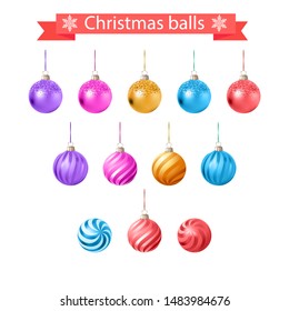 Set of bright multi-colored Christmas vector balls with ribbon. Attributes for the holiday. On a white background.Vector. 