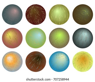 Set of bright multicolored decorative balls with leaves texture. 3D patterned sphere design elements. Background vector illustration.