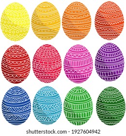 Set of bright multicolored Easter eggs with patterns, traditional holiday attributes vector illustration for design