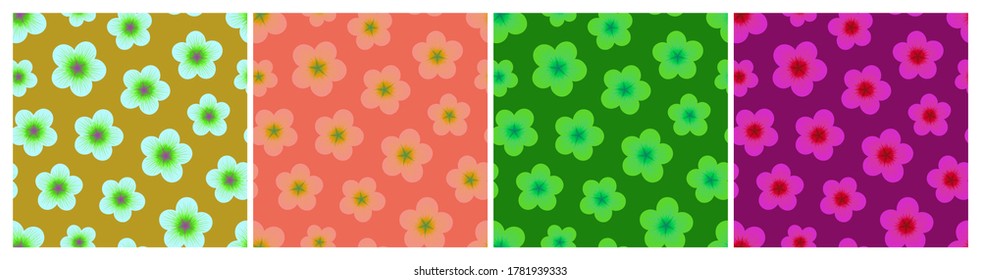 Set of bright multicolored floral seamless patterns. Repeat abstract botanical patterns. Vector illustration.