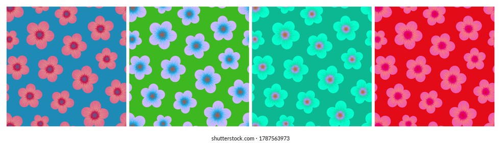 Set of bright multicolored floral seamless patterns. Repeat abstract botanical patterns. Vector illustration.