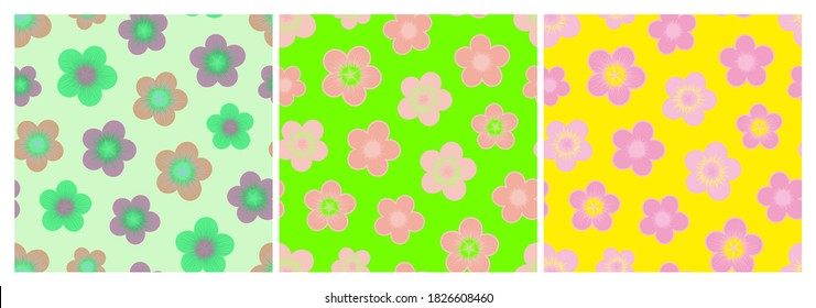 Set of bright multicolored floral seamless patterns. Repeat abstract botanical patterns. Vector illustration.