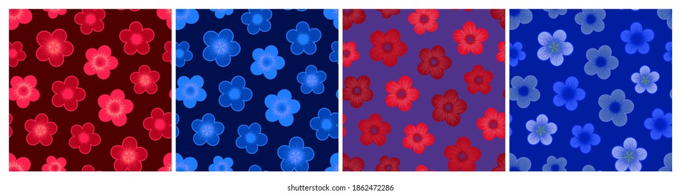Set of bright multicolored floral seamless patterns. Repeat abstract botanical patterns. Vector illustration.