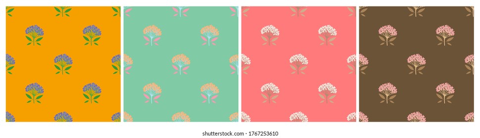 Set of bright multicolored geometric seamless patterns with viburnum berries and tiny leaves. Repeat symmetrical botanical patterns. Vector illustration.