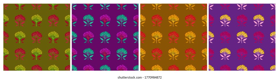 Conjunto de patrones geométricos luminosos multicolores sin costuras con bayas de viburnum y hojas diminutas. Repetir patrones botánicos simétricos. Ilustración vectorial.