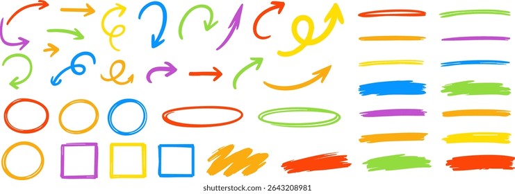 Set of bright multicolored marker-style arrows, circles, squares, and highlighter strokes. Perfect for educational designs, notes, or digital annotations on transparent background. Vector EPS 10