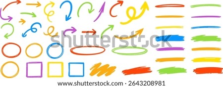 Set of bright multicolored marker-style arrows, circles, squares, and highlighter strokes. Perfect for educational designs, notes, or digital annotations on transparent background. Vector EPS 10