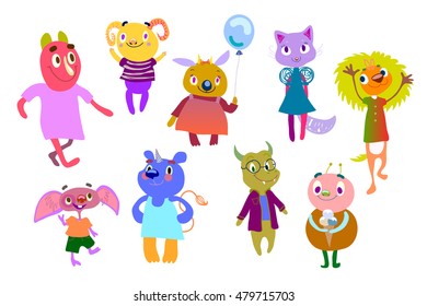 Set of bright multicolored monsters. Funny fantastic creatures. Cute fantastic characters for children's design. Hand Drawn design elements isolated on white. Clipart, vector illustration eps 10.