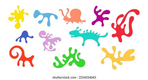 A set of bright multi-colored paint blots, some paint blots look like funny animal shapes. Illustration on a white background. Vector graphics. For design, scrapbooking, children creativity