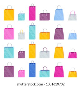 Set of bright multi-colored paper shopping bags in the store. The element for the design of relame banners about discounts and sales.