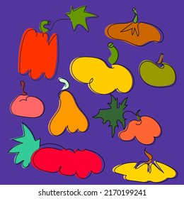 Eine Reihe heller, mehrfarbiger Kürbisse mit Blättern. Erntefestival. Illustration für Halloween. Vektorgrafiken. One-line-Kunst