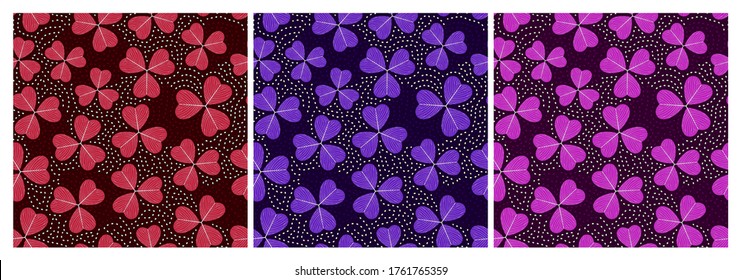 Set of bright multicolored seamless patterns with three-leaf clover. Repeat abstract botanical patterns. Vector illustration.