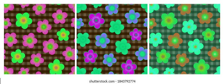 Set of bright multicolored seamless patterns with flowers on gingham background. Repeat abstract floral patterns. Vector illustration.