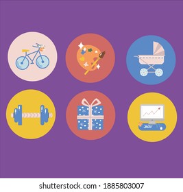 a set of bright multicolored stickers on a colored background for the site and advertising