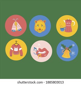 a set of bright multicolored stickers on a colored background for the site and advertising