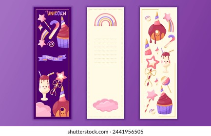 Set of bright multicolored vector bookmarks in unicorn colors with text. Vector illustration