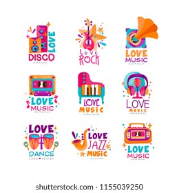 Set of bright music logos with musical instruments, cassette, tape recorder, gramophone and subwoofers. Vector design