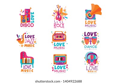 Set of bright music logos with musical instruments, cassette, tape recorder, gramophone and subwoofers. Vector design