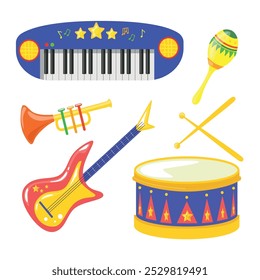 Conjunto de instrumentos musicais brilhantes em um estilo de desenho animado. Ilustração vetorial de sintetizador, maracas, guitarra, trompete, tambor com varas e padrões: estrelas, notas musicais isoladas sobre fundo branco.