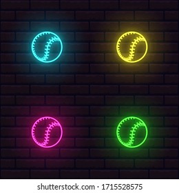 set of bright neon baseball ball icons. collection of symbols and signs. blue yellow pink green. neon lighting. decoration. editable brightness