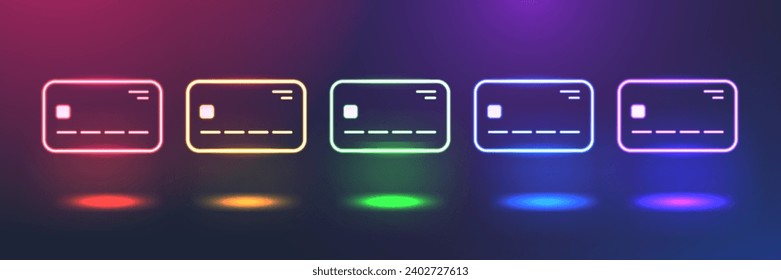 Set of bright neon credit card icons of different colors. Glowing linear bank card signs. 