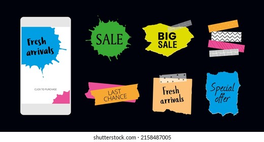 Set of bright neon design sale stickers for online shopping, social media shopping, product promotions, website, mobile badges, ads, print material. Torn ripped paper background stickers.