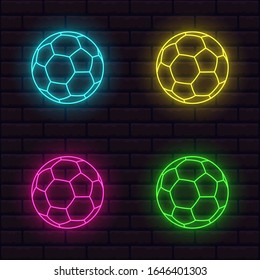 set of bright neon football balls icons